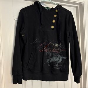 VTG Lauren Jeans Company RL Hoodie Women Small Black Sweatshirt Horse Graphic